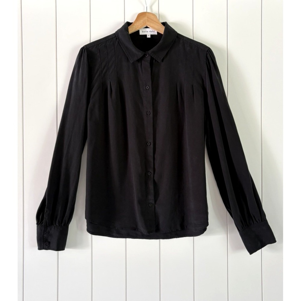Bella Dahl Black Pintuck Blouse Tencel Lyocell Button Front Long Sleeve M Draped